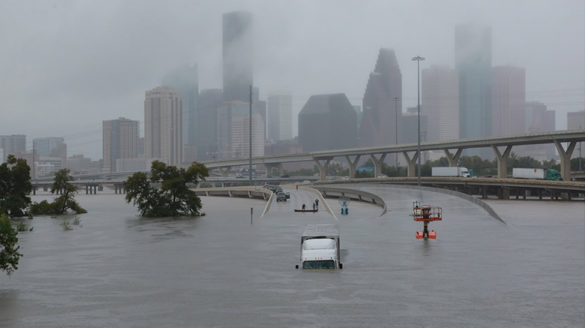 Water flooding roadways caused by Hurricane Harvey.