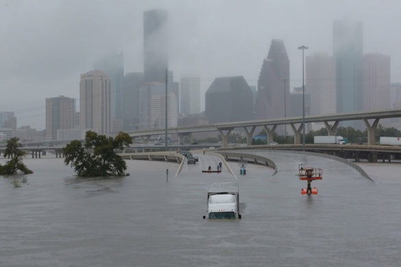 Water flooding roadways caused by Hurricane Harvey.