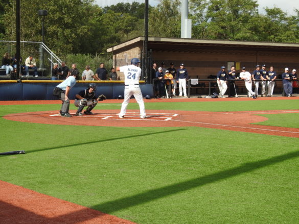 SJC alumni baseball player up at bat.