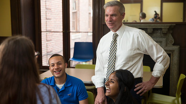 SJC President Boomgaarden talking with students at SJC Brooklyn.