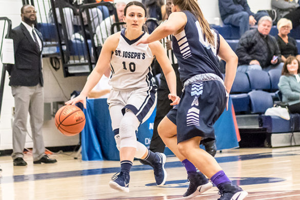 Female basketball player in action.