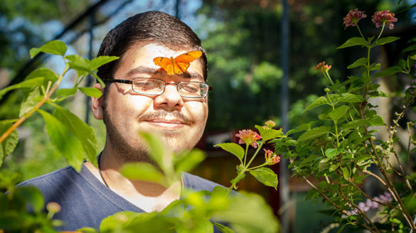 Chris Lo Re in the Butterfly Vivarium at Sweetbriar Nature Center.