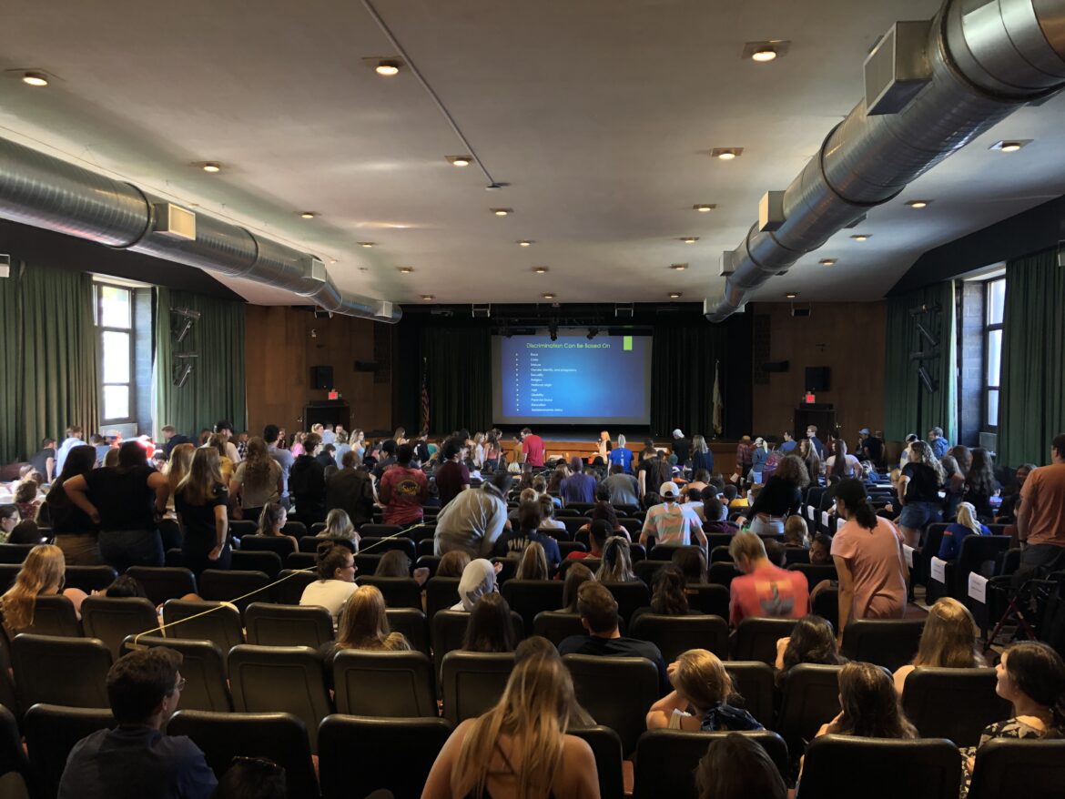 Elaine Pasqua speaking to SJC Long Island freshmen about diversity and inclusion.