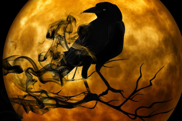 Black crow and smoke in front of a full blood moon.