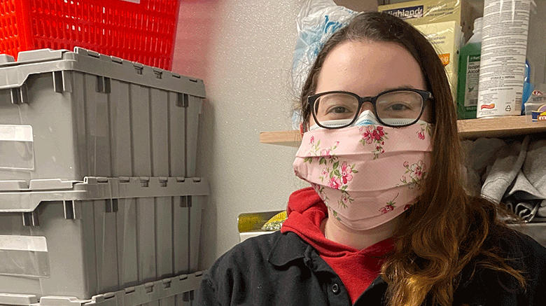 Isabella Sciacca in her protective gear at Shoprite.