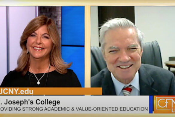 College president being interviewed on TV.