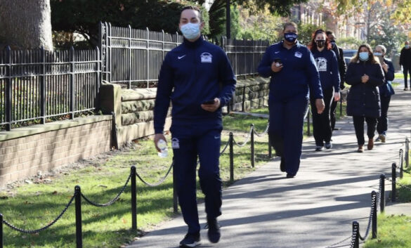 Students walking on campus in Brooklyn.