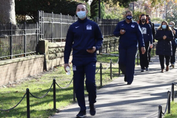 Students walking on campus in Brooklyn.