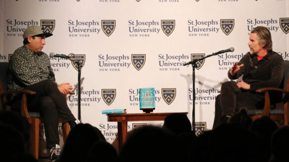 Tommy Orange and Ethan Hawke during a Brooklyn Voices event at SJNY.