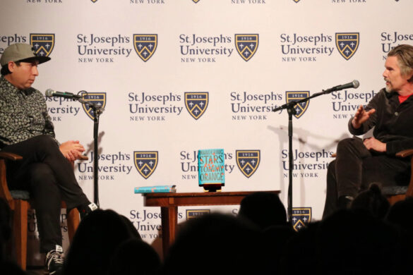 Tommy Orange and Ethan Hawke during a Brooklyn Voices event at SJNY.