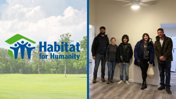 Habitat for Humanity logo on the left; SJNY students and Jonathan Galo on the right inside the Habitat for Humanity house they worked on.